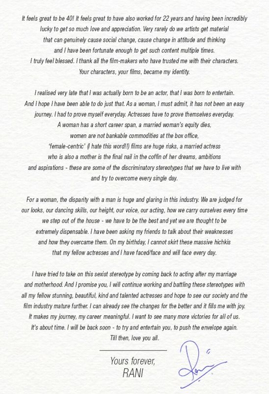 Rani Mukerji's letter on her 40th birthday.