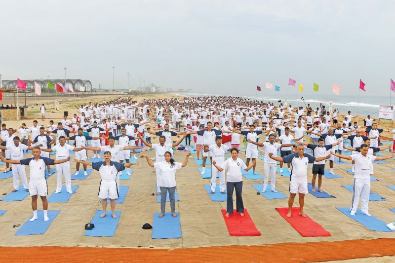 Indian navy force  celebrates International yoga day at INS Adyar, Navy office, on Kamarajar salai in Chennai. Rear admiral KJ Kumar, VSM, was the chief guest of the event. (Photo: DC)