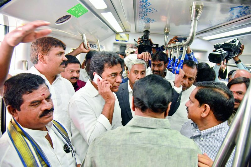 Minister K.T Rama Rao, other ministers, MLAs, MPs and officials took a ride on the Metro Rail from Nagole station on Saturday. (Photo: DC)