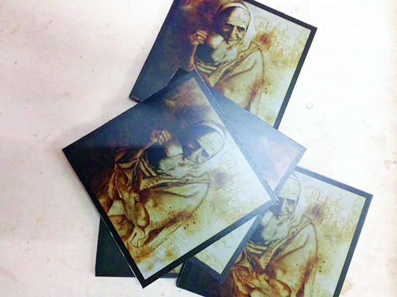 Coasters designed by by artists Afza Tamkanat with characters in sepia colours