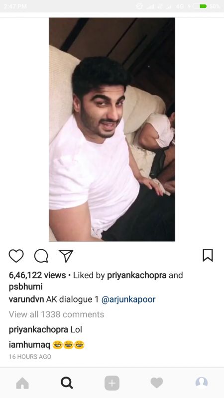 Snapshot of Priyanka Chopra's comment on Arjun Kapoor's dialogue video for Varun Dhawan.