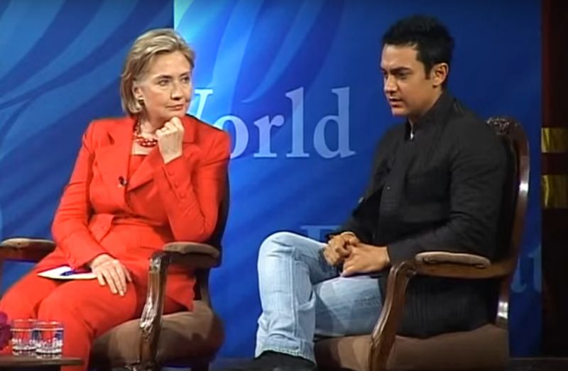 Hillary Clinton with Bollywood actor Aamir Khan (Screengrab: YouTube / U.S. Department of State)