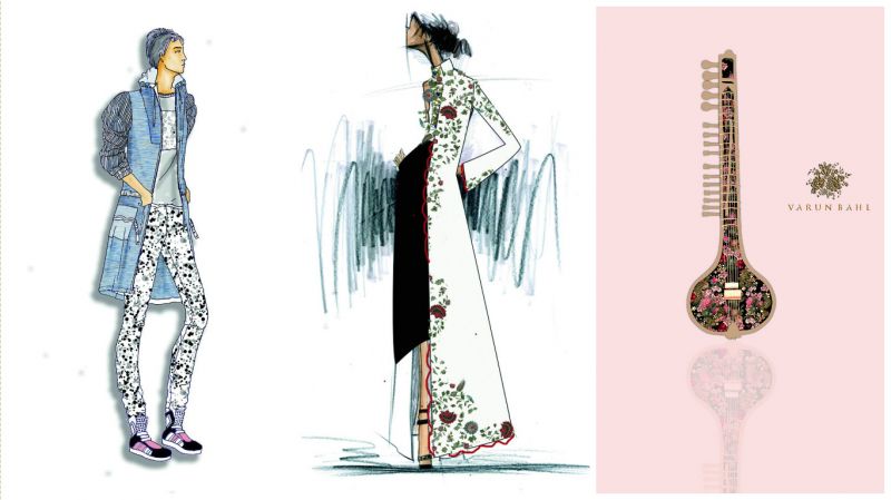 (L-R) A sketch of Amit Aggarwal's creation for Justin Bieber, Anamika Khanna's design for Justin's mother and a sketch of Varun Bahl's creation 