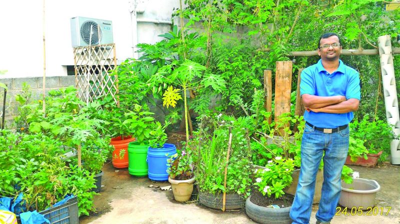 Bengaluru-based techie Srikant Kapungati at his terrace garden