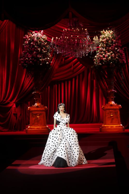 Model in a classic polka dot gown from the D&G 'Elegance' collection. (Photo: AP 