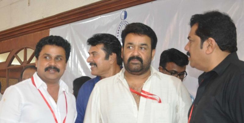 Actors Dileep, Mammootty, Mohanlal and Mukesh at one of the past general body meetings of A.M.M.A 