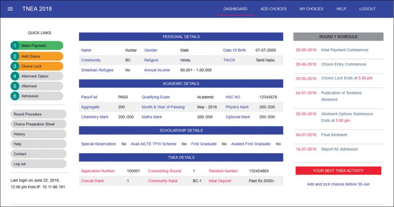 A representative dashboard of choice entry in online counselling