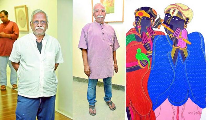Laxma Goud and T. Vaikuntham's artwork brings forth the anecdotes from rural life in a  stylistically rich manner visualised with the flamboyant colour palette