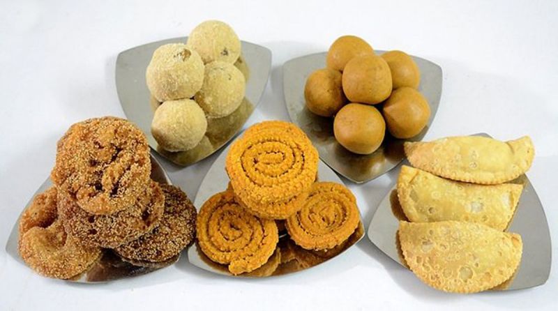 Farsan, dry fruits and matthis are usually gifted to friends and families.