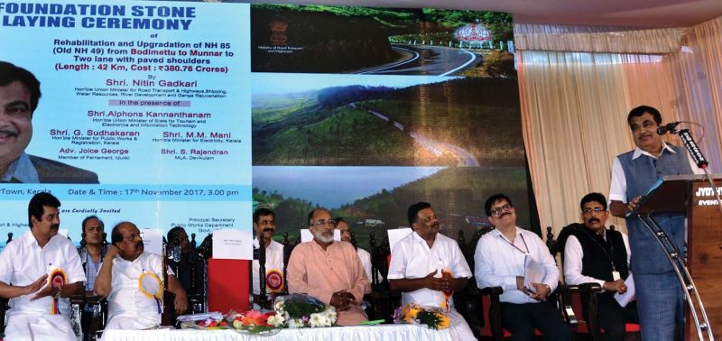 Union transport minister inaugurating the renovation of Munnar-Bodimettu highway in Munnar on Friday.  	 By arrangement