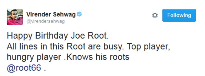 Virender Sehwag wished Joe Root in his trademark witty style. (Photo: Screengrab)