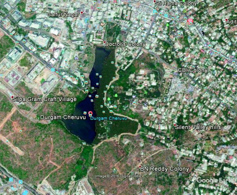 Changing lake: Google image from the year 2016 shows massive construction and encroachments around the lake.