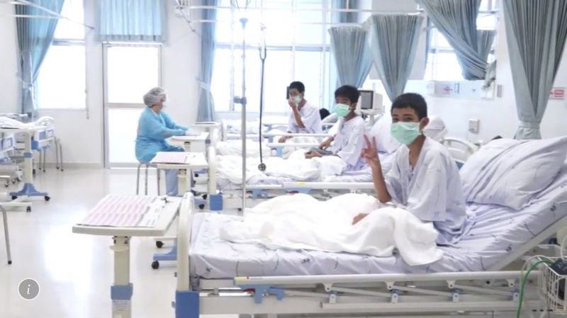 Three of the 12 boys are seen recovering on hospital beds after their successful rescue from the Tham Luang cave complex. (Photo: AP)