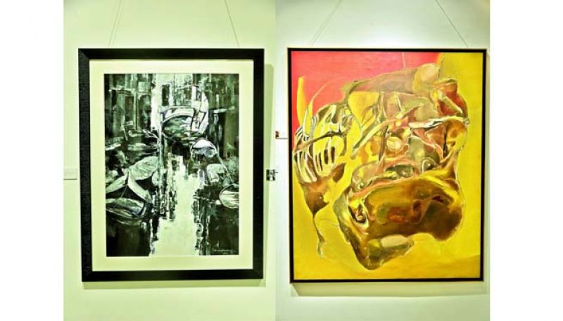 (Left) One of the very few black and white paintings from Surya Prakash's trip to Venice, as he does not usually work with a black and white palette; (right) one of the critically acclaimed works of the artist from the series that was inspired by automobile scraps, depicting human skeletal forms
