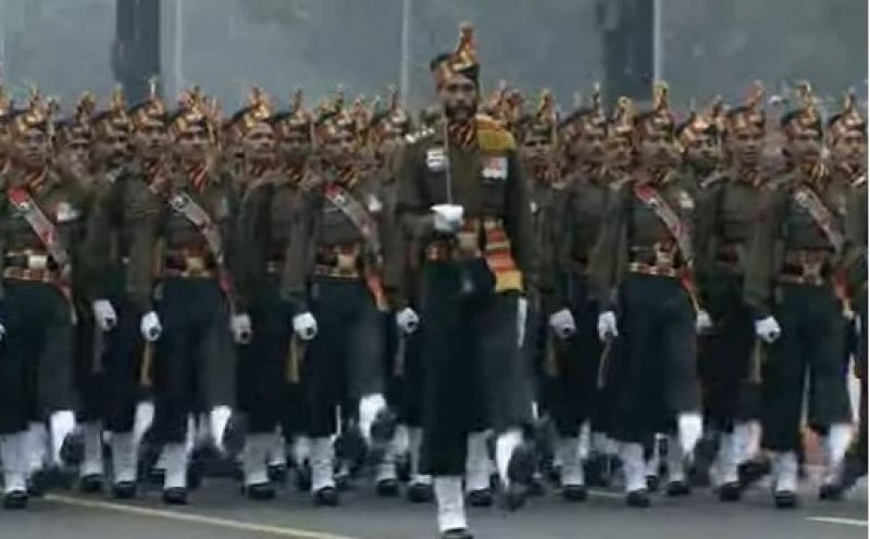 Mechanised infantry regiment march past the saluting dais, offer salute to the President.