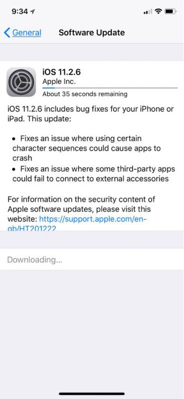 iOS 11.2.6 update screenshot on iPhone X