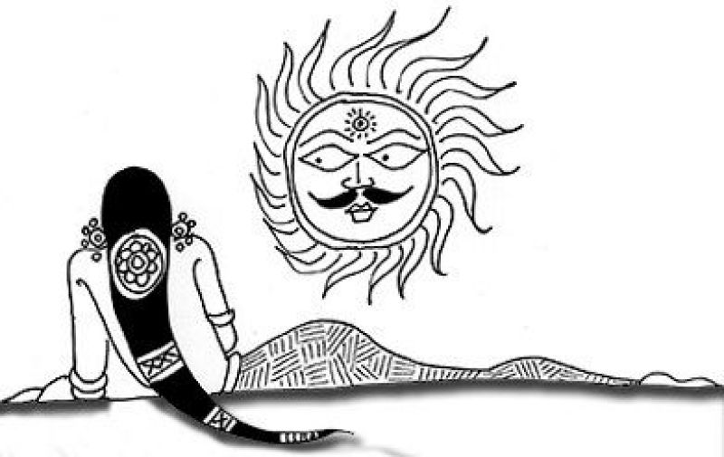Kunti praying to the the Sun god for a child, as a result of which Karna was born 