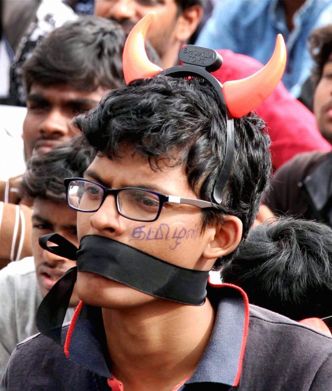 Students protesting against Union Government and State Government over the ban on Jallikattu in Coimbatore. (Photo: PTI)