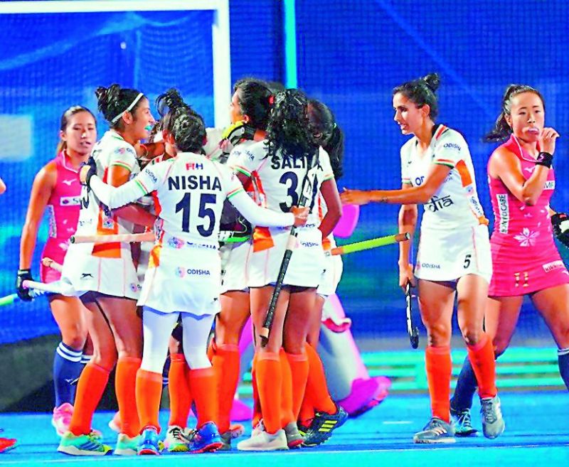 Members of the Indian womenâ€™s teams celebrate goals during the finals of the Olympic Test event in Tokyo on Wednesday.