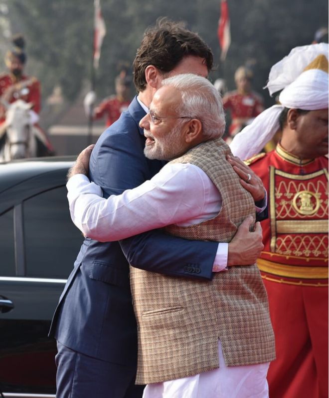 Prime Minister Narendra Modi hugs Canada PM Justin Trudeau. (Photo: Twitter | @MEAIndia)