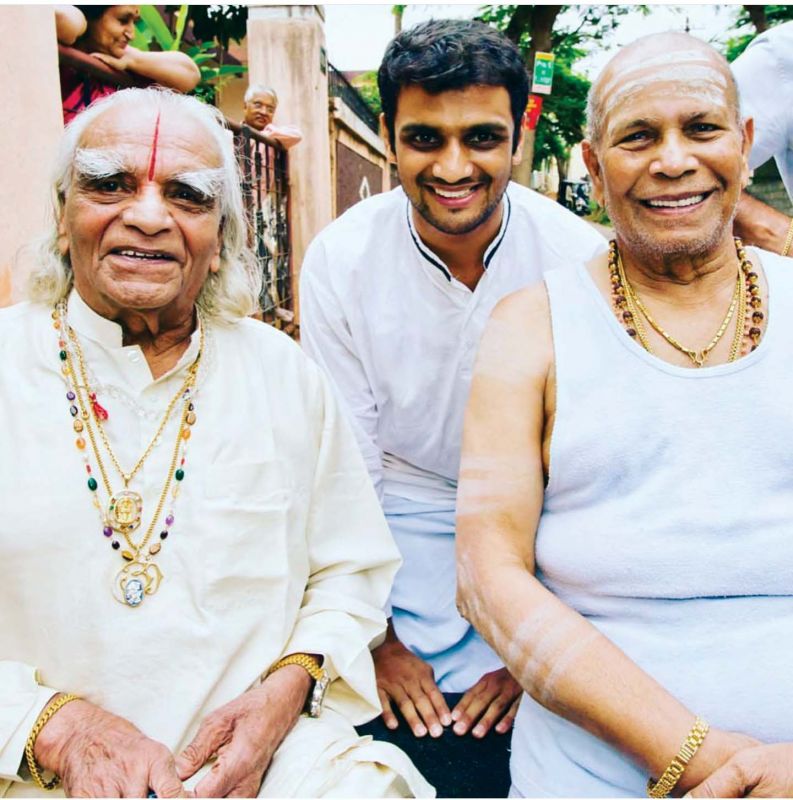 B.K.S. Iyengar with Sharath Jois (centre) and K. Pattabhi Jois (courtesy Instagram) and (right) Life Magazine, Feb, 1941