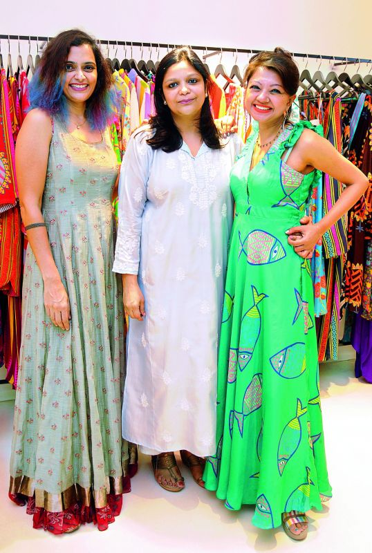 Designers Priyadarshini Rao and Anupamaa Dayal with the owner of ElahÃ© and the curator of the collection Smita Shroff (middle).