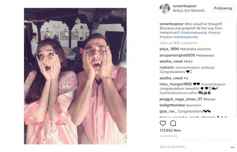 Akshay and Sonam after shocked about their National Awards on Padman sets