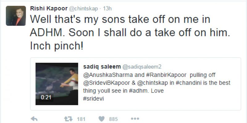 Rishi Kapoor tweet on his Ranbir's Chandni act in ADHM