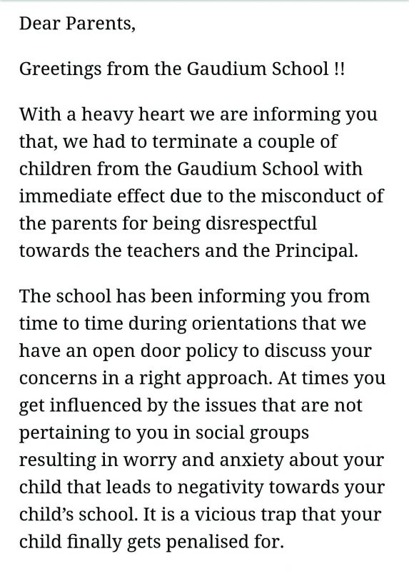 A screen grab of the mail sent by Gaudium school to parents.