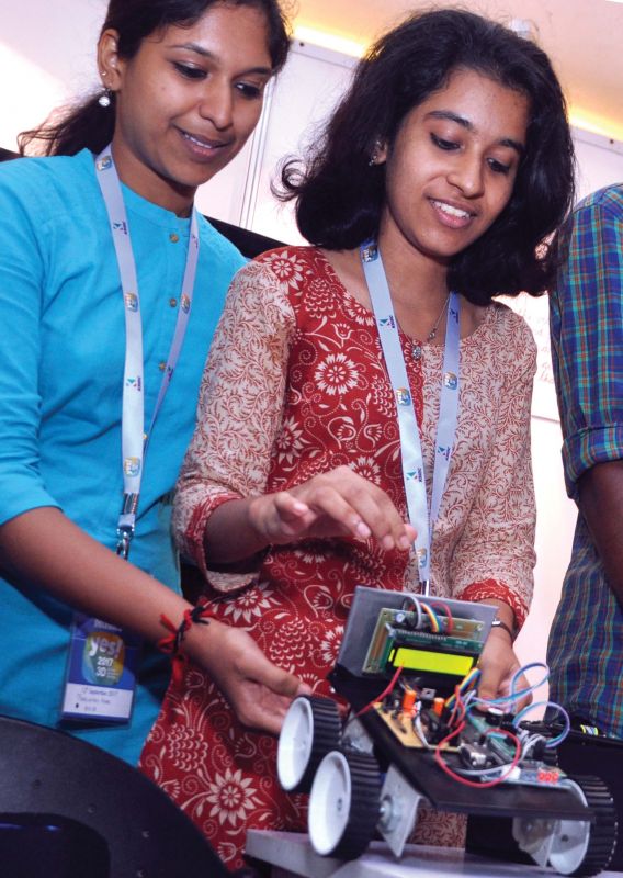 Students from Thiruvananthapuram Government Engineering college  demonstrate the bus alert system for the blind people  