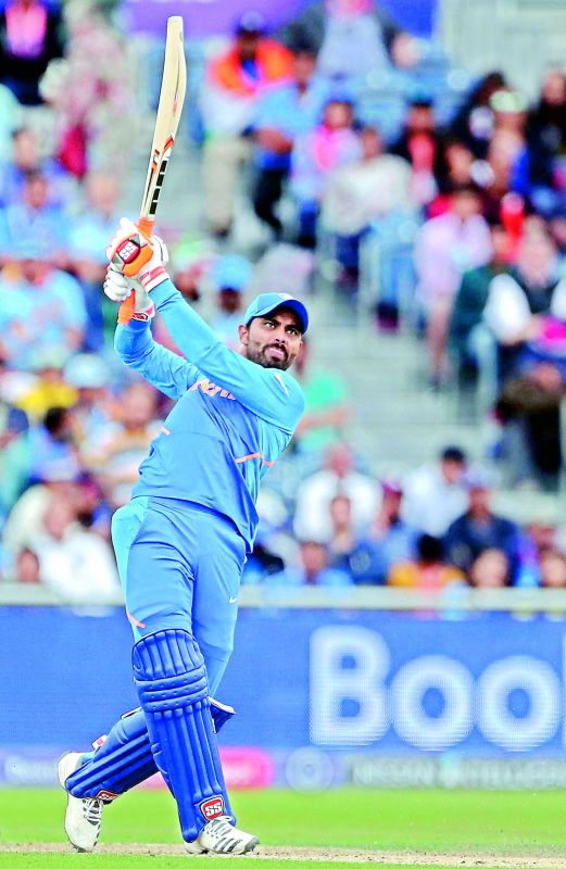 Ravindra Jadeja plays a shot during the semifinal against New Zealand on Wednesday. (Photo: AP)