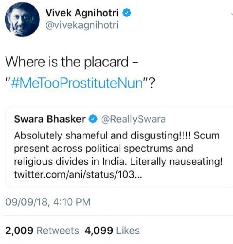 #MeTooProstituteNun': Vivek Agnihotri slut-shames Swara, Twitter swings into action