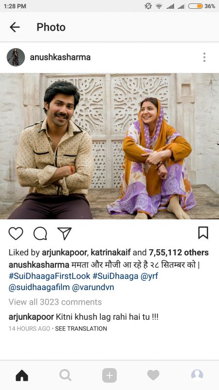 Screengrab from Arjun Kapoor's comment on 'Sui Dhaaga' look.