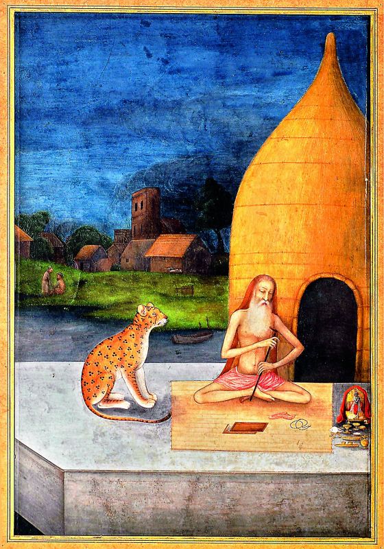 Seated beside a leopard in front of a hut, worships Krishna, dated 1640-50.