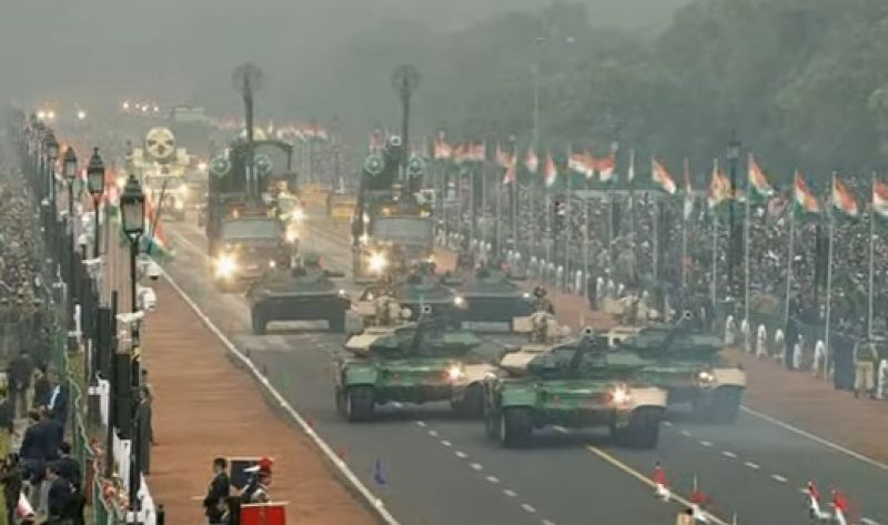 Infantry combat vehicles salute to the President and the Chief Guest.