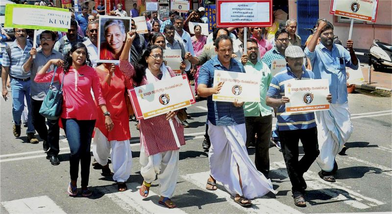 Journalists demonstrate at a protest condemning the killing of journalist Gauri Lankesh, in Thiruvananthapuram on Wednesday. (Photo: PTI)