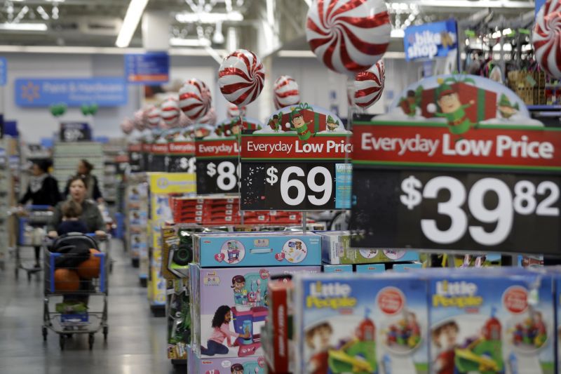Photo, shows prices in the toy section at Walmart in Teterboro, N.J. An escalating trade war with China could mean higher prices on a broad array of products from toys to clothing. But some retailers will feel more pain than others, further deepening the divide between the winners and the losers that was evident in the latest earnings reports. Analysts say big box giants like Walmart and Target, which have had strong performances, are best positioned to absorb the higher costs because of their clout with suppliers. (AP Photo/Julio Cortez, File) 