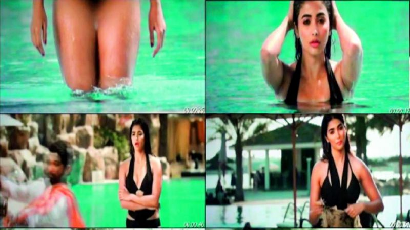 A still from the film Duvvada Jagannadham, where Pooja Hegde's  sensuous avatar in a bikini is distorted by the blurring of her thighs.