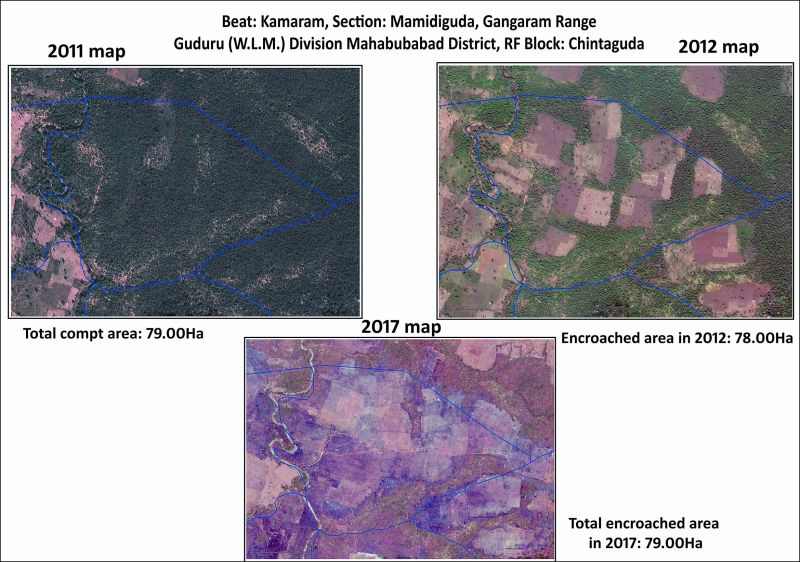 Google image from the year 2011 and 2017 of the Beat: Kamaram; Section: Mamidiguda, Gangaram Range Guduru (W.L.M) Division: Mahbubabad district RF Block: Chintaguda which has been completely encroached   