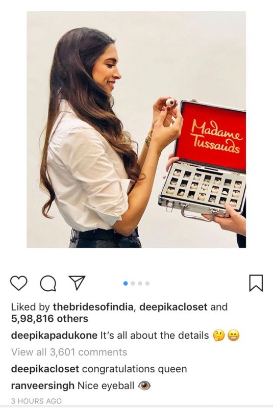Ranveer Singh leaves a comment on Deepika Padukone's Madame Tussauds photo.