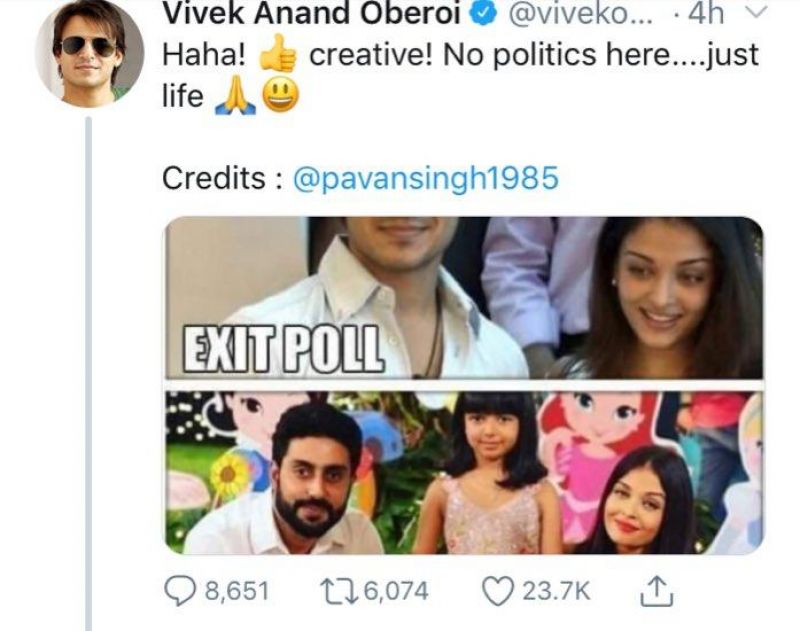 Screenshot of Vivek Oberoi's deleted tweet. 