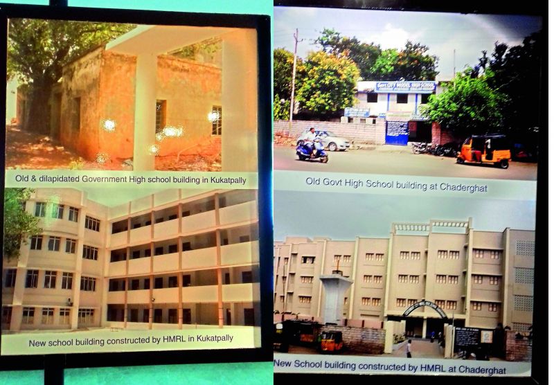 Before and after pictures of the Kukatpally and Chanderghat government schools at the permanent photo exhibition put up at the new HMRL office in Rasoolpura, Begumpet. (Photo: DC)