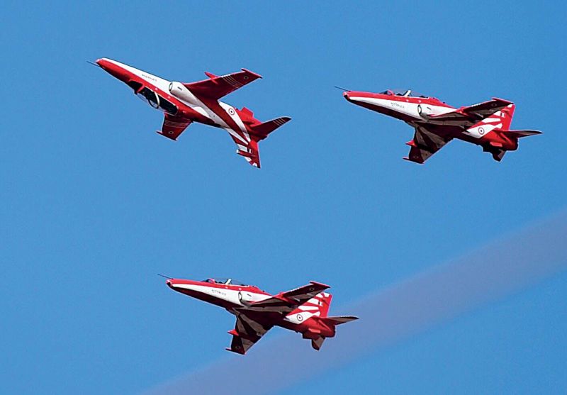 The famous IAF Suryakiran aerobatic display team was once again seen flying over Bangalore skies, rehearsing the team manoeuvres ahead of the Aero India 2017. (Photo: R.Samuel)