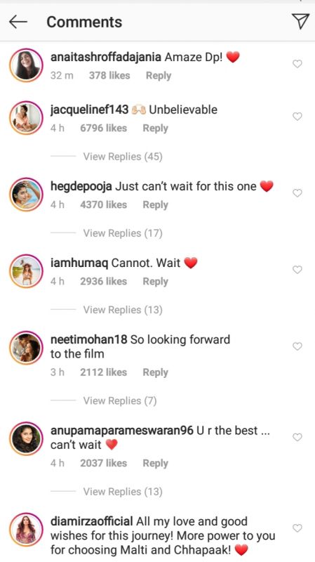 Screenshot of Deepika Padukone's Instagram post's comments