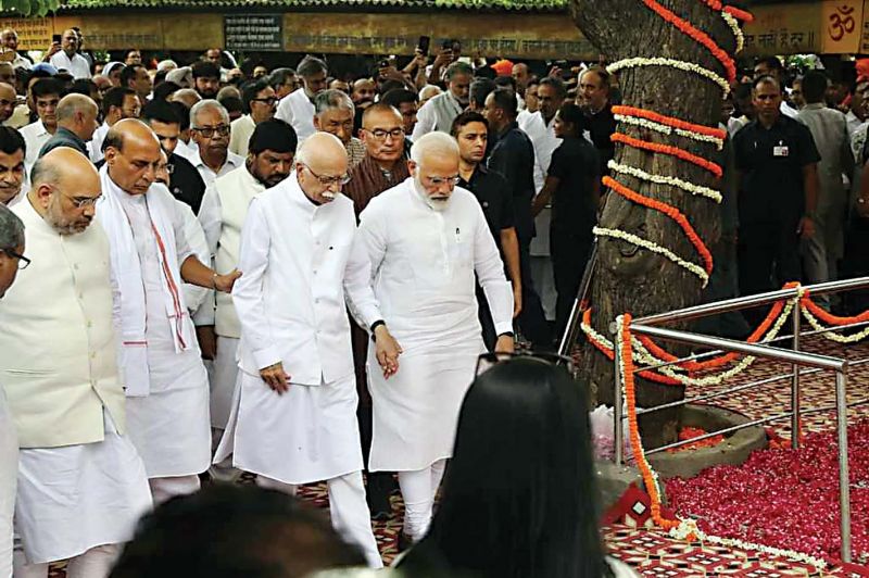BJP leaders Amit Shah, Rajnath Singh, L.K. Advani and Prime Minister Narendra Modi  pay tribute to the mortal remains of Sushma Swaraj before her last rites, in New Delhi on Wednesday. (Photo: PTI)