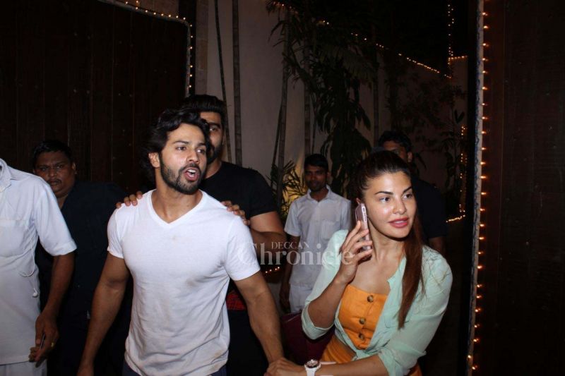 Varun Dhawan, Arjun Kapoor and Jacqueline Fernandez at Sonam Kapoor's house.