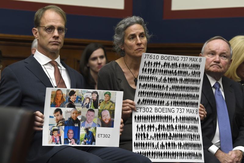 Michael Stumo, left, and Nadia Milleron, center, parents of Samya Stumo, 24, a Massachusetts resident who died in the Ethiopian plane crash, listen during a House Transportation Committee hearing on Capitol Hill in Washington, Wednesday, May 15, 2019, on the status of the Boeing 737 MAX aircraft. (AP Photo/Susan Walsh)