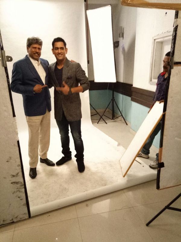 Kapil Dev and Mahendra Singh Dhoni during the shoot.