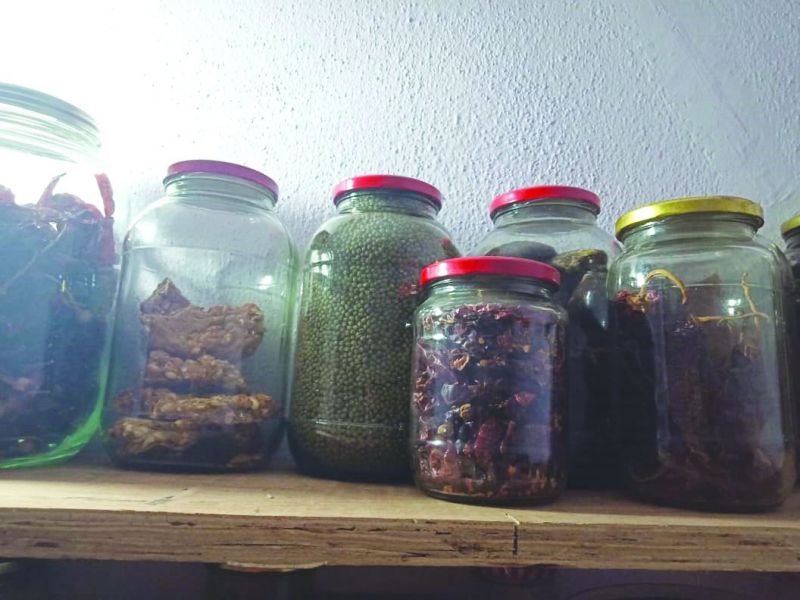 Rachita uses glass bottles to store edibles.