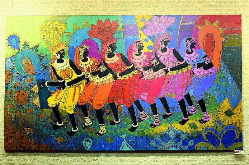 Artwork on tribes from Jhabua, MP. This art piece was inspired by the Bhagoria festival of Bhil and Bhilal tribes.